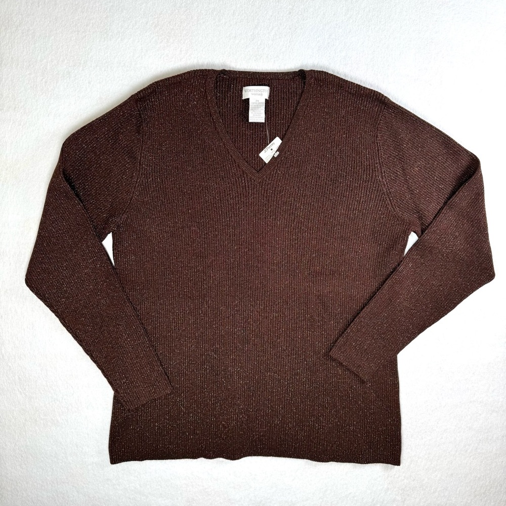 Vtg Worthington Brown w/ Gold Metallic Lurex Ribbed V-Neck Sweater Womens 2X NWT